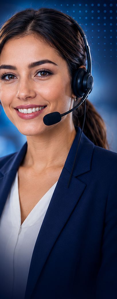 An i-Voice agent wearing a headset, smiling